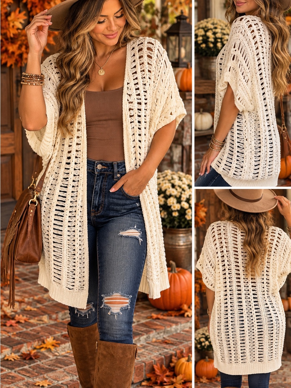 Ultra Flirt Ivory Open Knit Cardigan Boho Crochet Duster Sweater Size